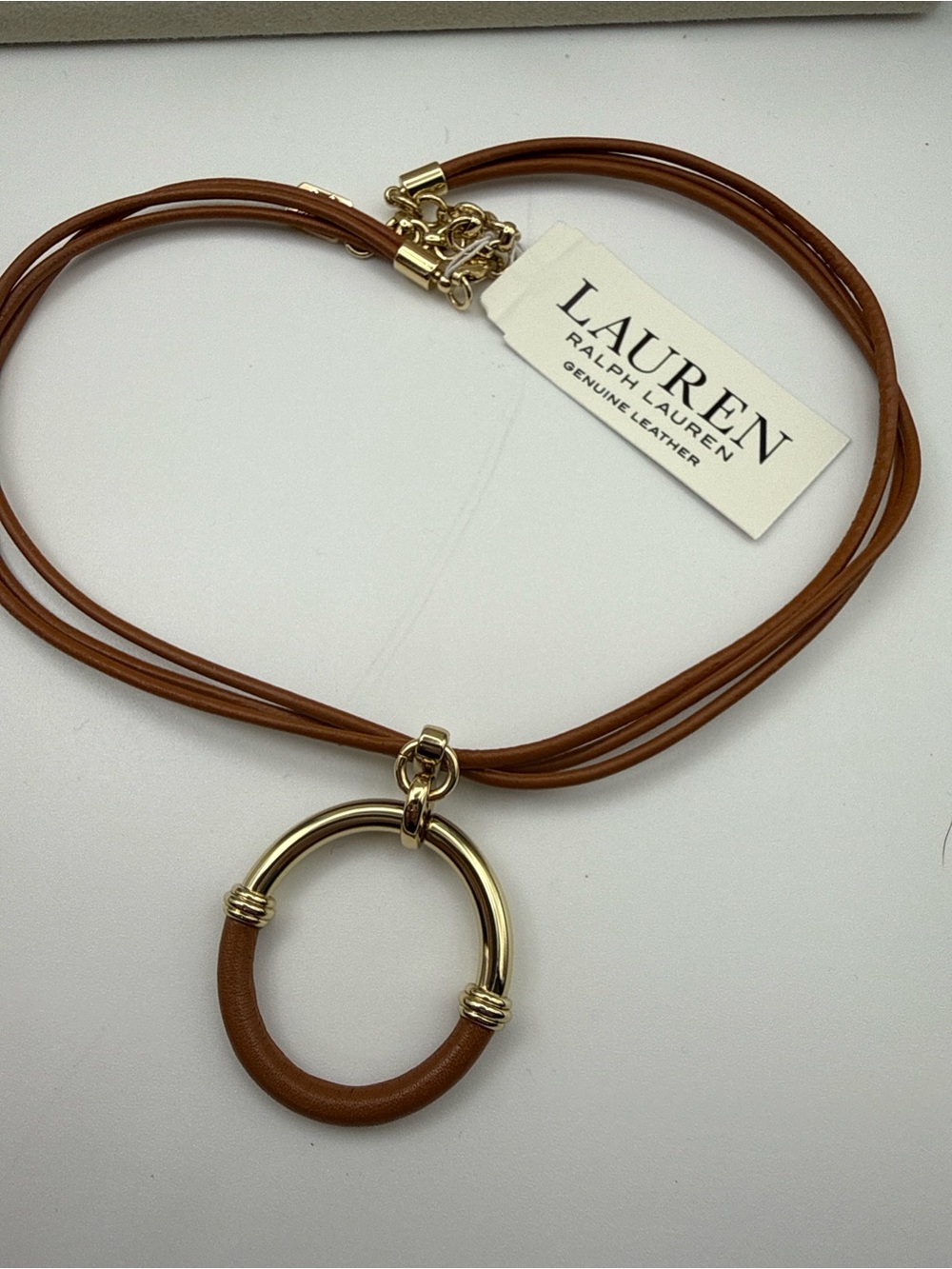 Ralph Lauren Tan Leather Multi-Strand Necklace with Gold Ring Pendant